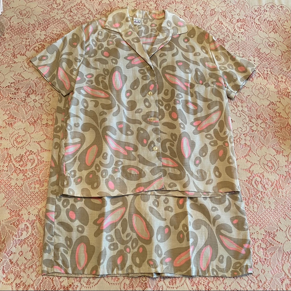 Vintage animal print button down shirt and skirt set